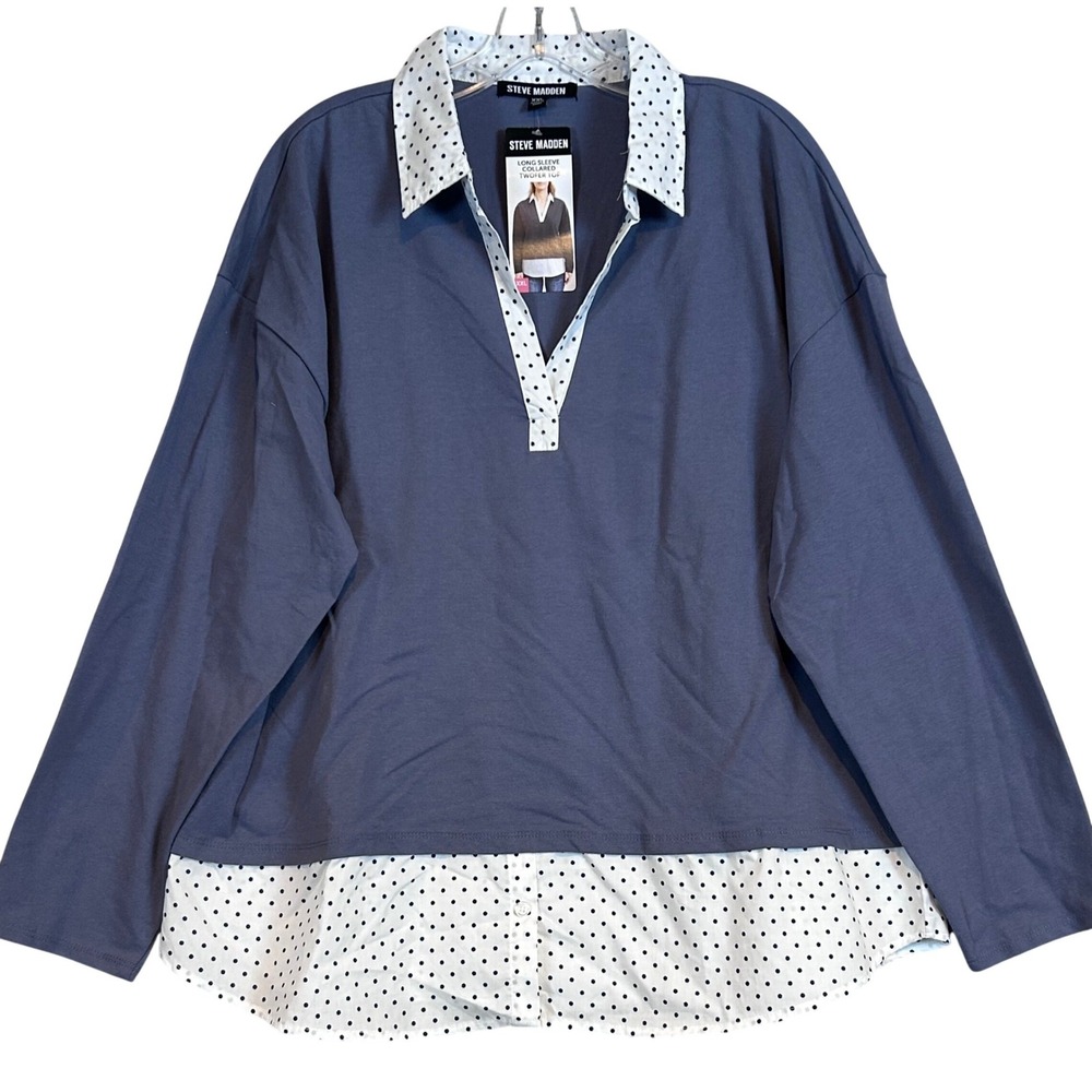 NWT Steve Madden Womens XXL Blue Polka Dot Layered Look Collared Twofer Top Prep